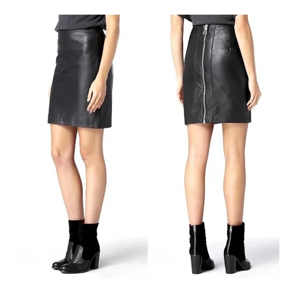 AllSaints Black Leather Pencil Skirt with Back Zip